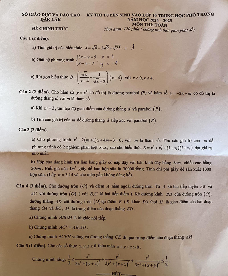 Đề thi vào 10 môn Toán chính thức Tỉnh Đắk Lắk (2024 - 2025) mới nhất kèm đáp án (ảnh 1)