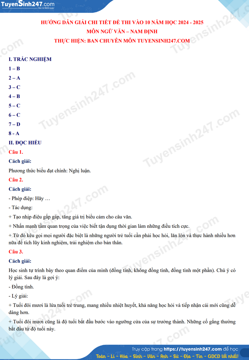 Đề thi vào 10 môn Văn chính thức Tỉnh Nam Định (2024 - 2025) mới nhất kèm đáp án (ảnh 1)