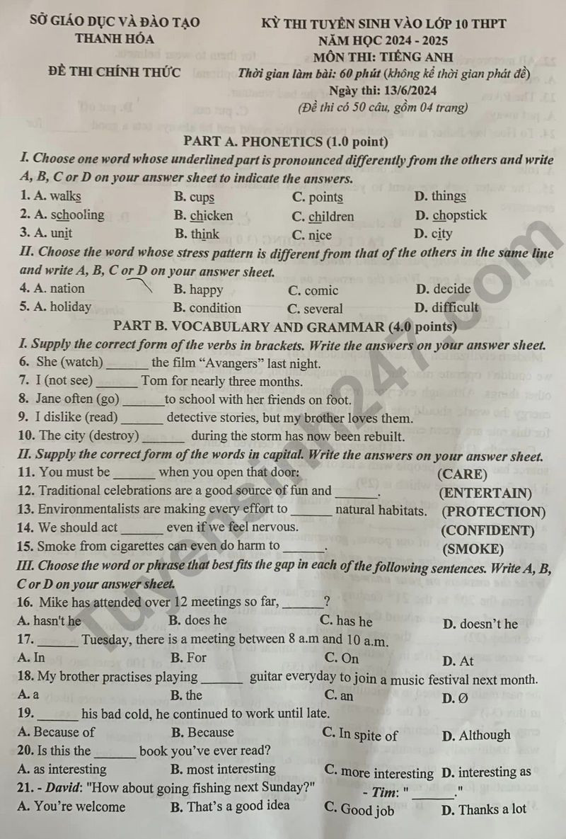 Đề thi vào 10 môn Tiếng Anh chính thức Tỉnh Thanh Hóa (2024 - 2025) mới nhất kèm đáp án (ảnh 1)