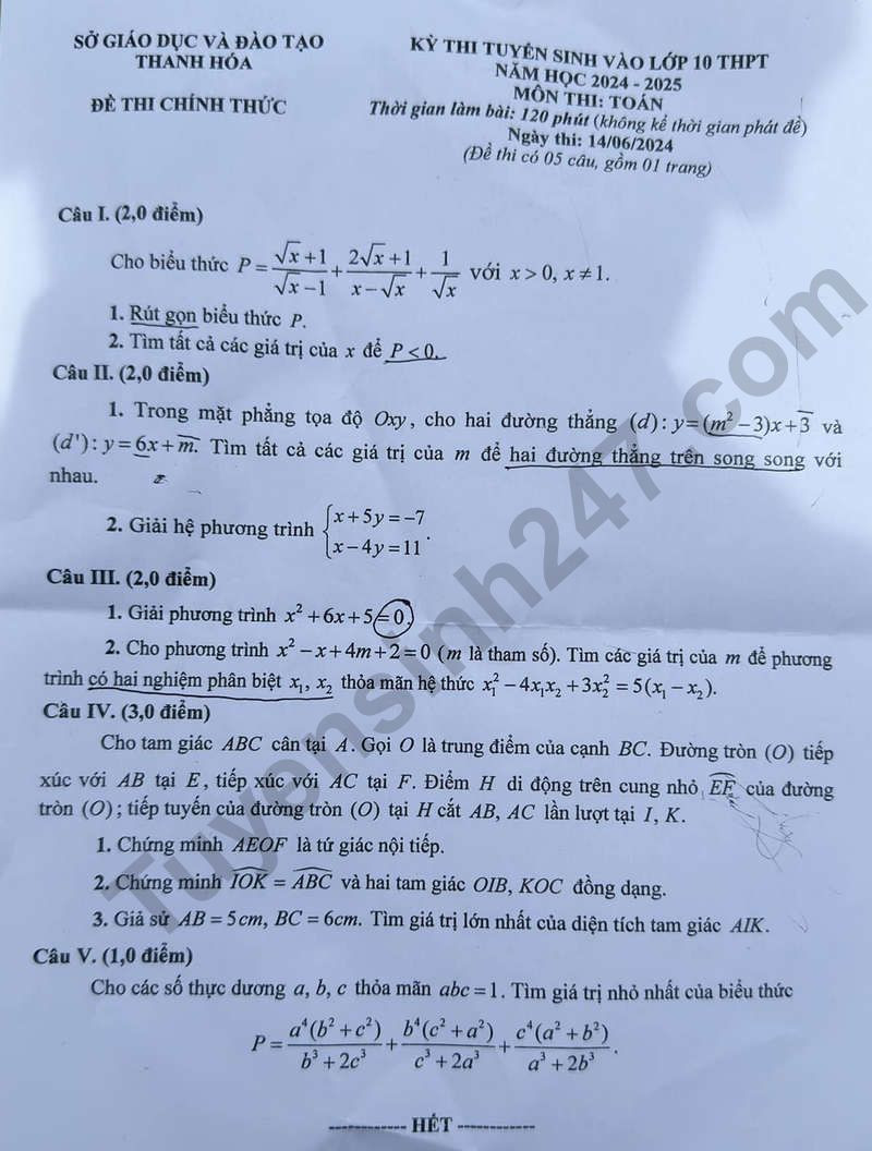 Đề thi vào 10 môn Toán chính thức Tỉnh Thanh Hóa (2024 - 2025) mới nhất kèm đáp án (ảnh 1)