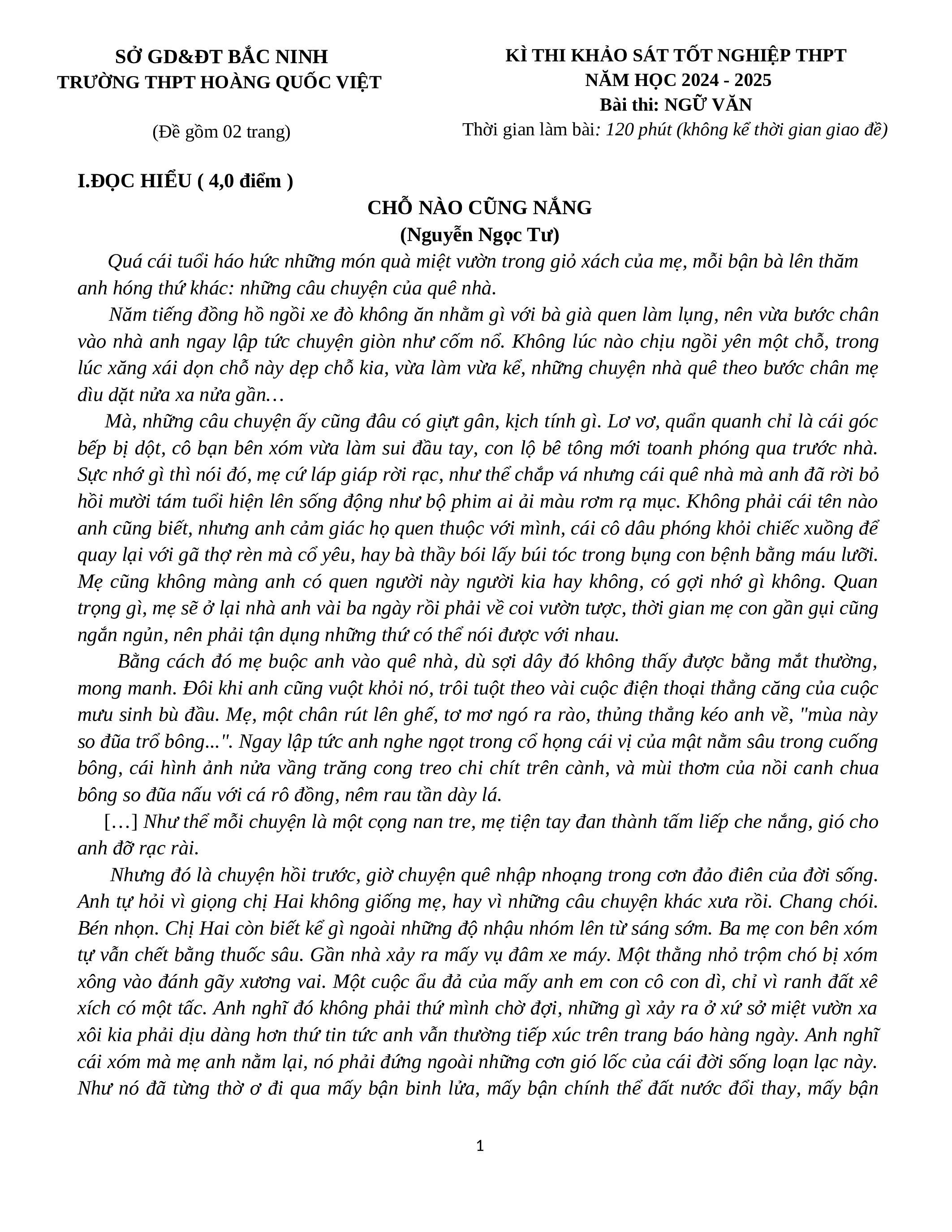 Đề thi thử THPT Quốc gia 2025 môn Ngữ Văn Trường THPT Hoàng Quốc Việt (Bắc Ninh) có đáp án  (ảnh 1)