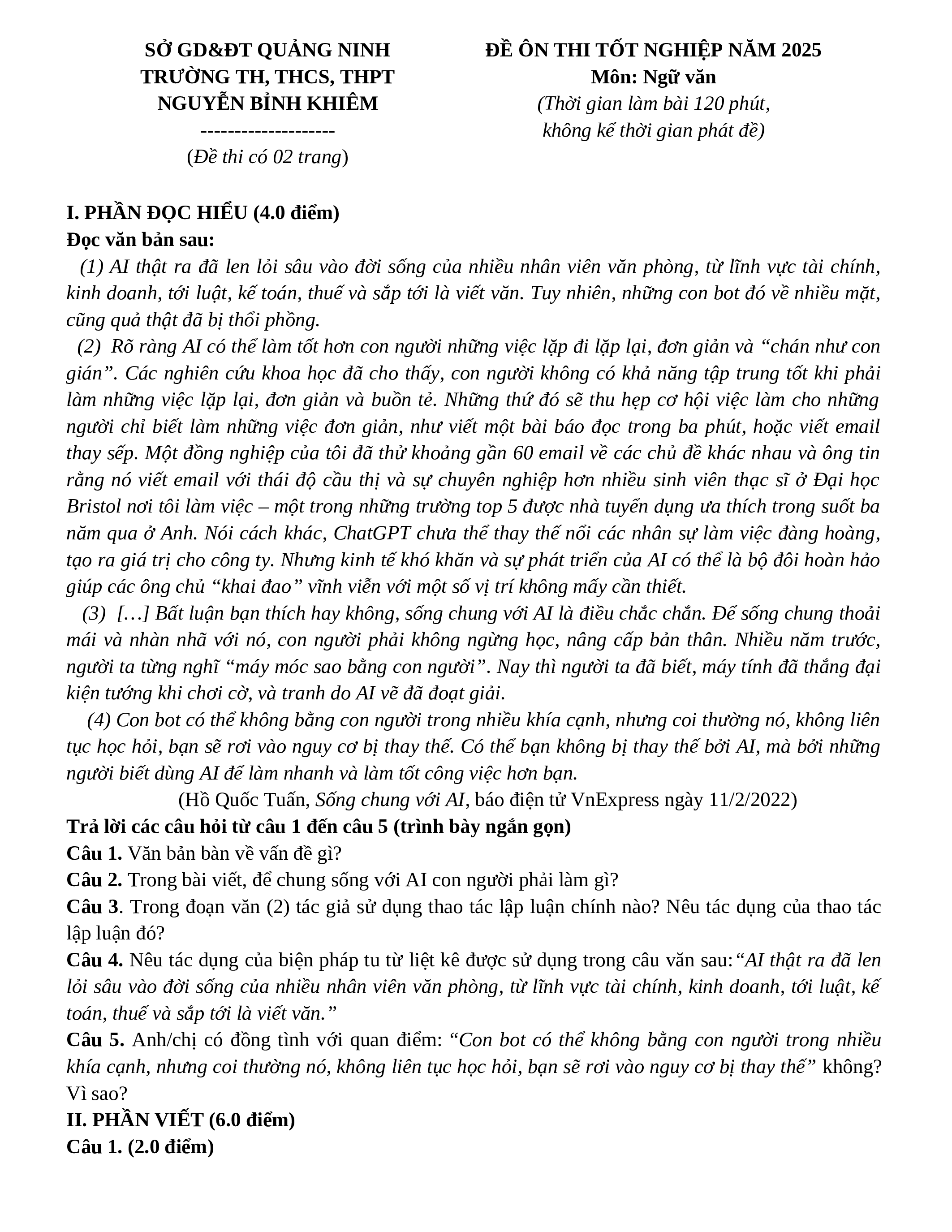 Đề thi thử THPT Quốc gia 2025 môn Ngữ Văn Trường THPT Nguyễn Bỉnh Khiêm (Quảng Ninh) có đáp án (ảnh 1)