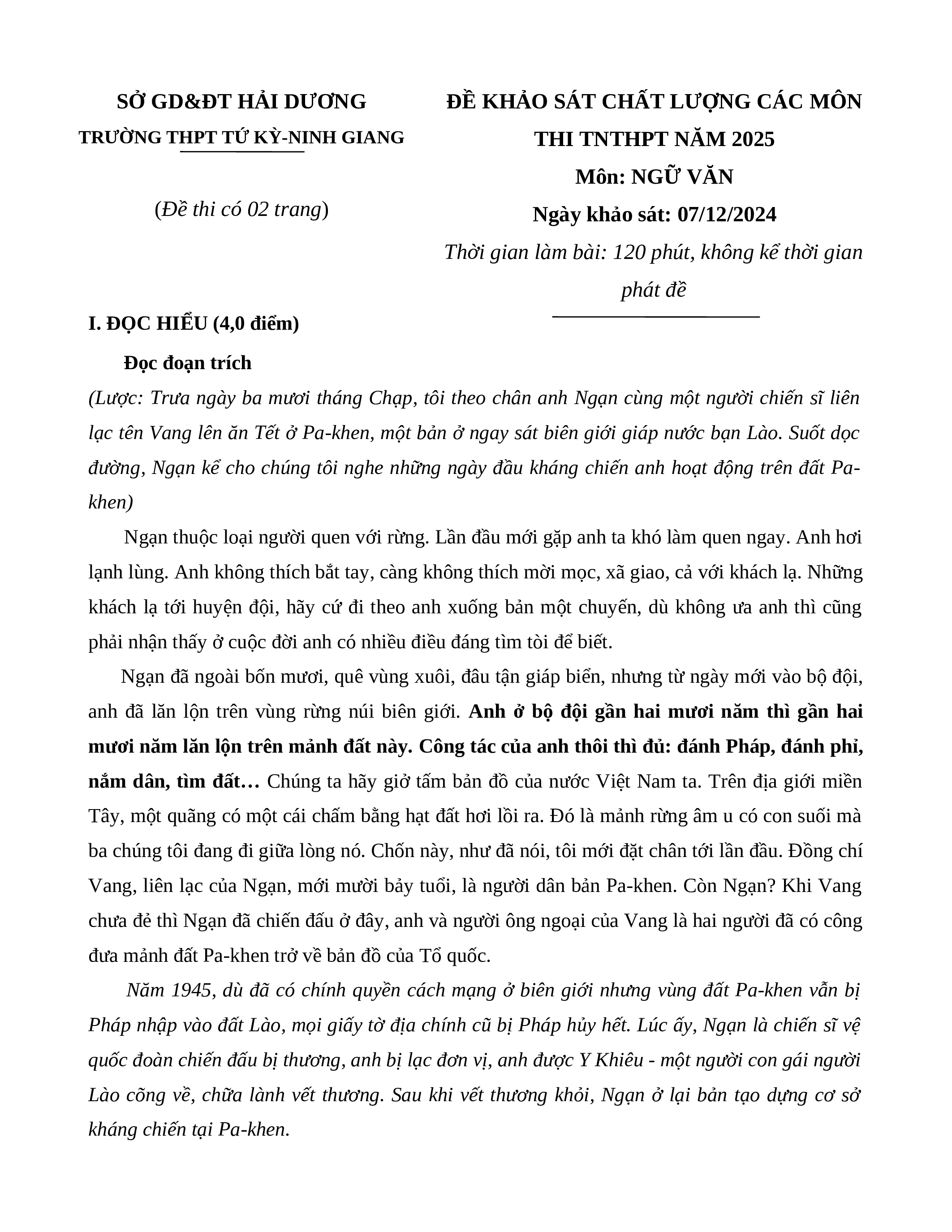Đề thi thử THPT Quốc gia 2025 môn Ngữ Văn Trường THPT Tứ Kỳ (Hải Dương) có đáp án (ảnh 1)