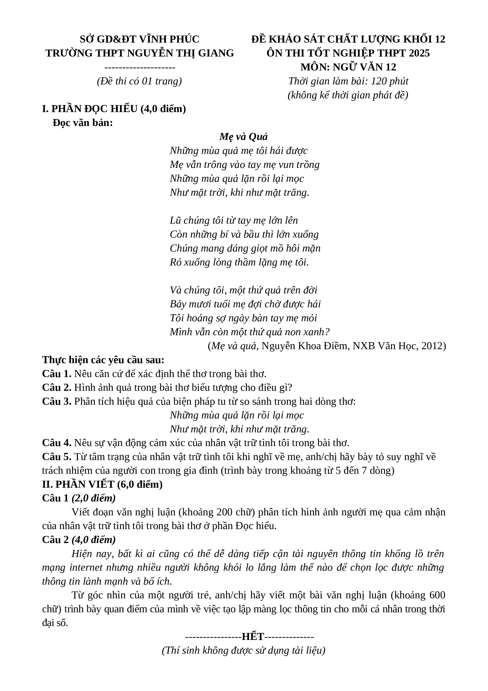 Đề thi thử THPT Quốc gia 2025 môn Ngữ Văn Trường Nguyễn Thị Giang (Vĩnh Phúc) có đáp án (ảnh 1)