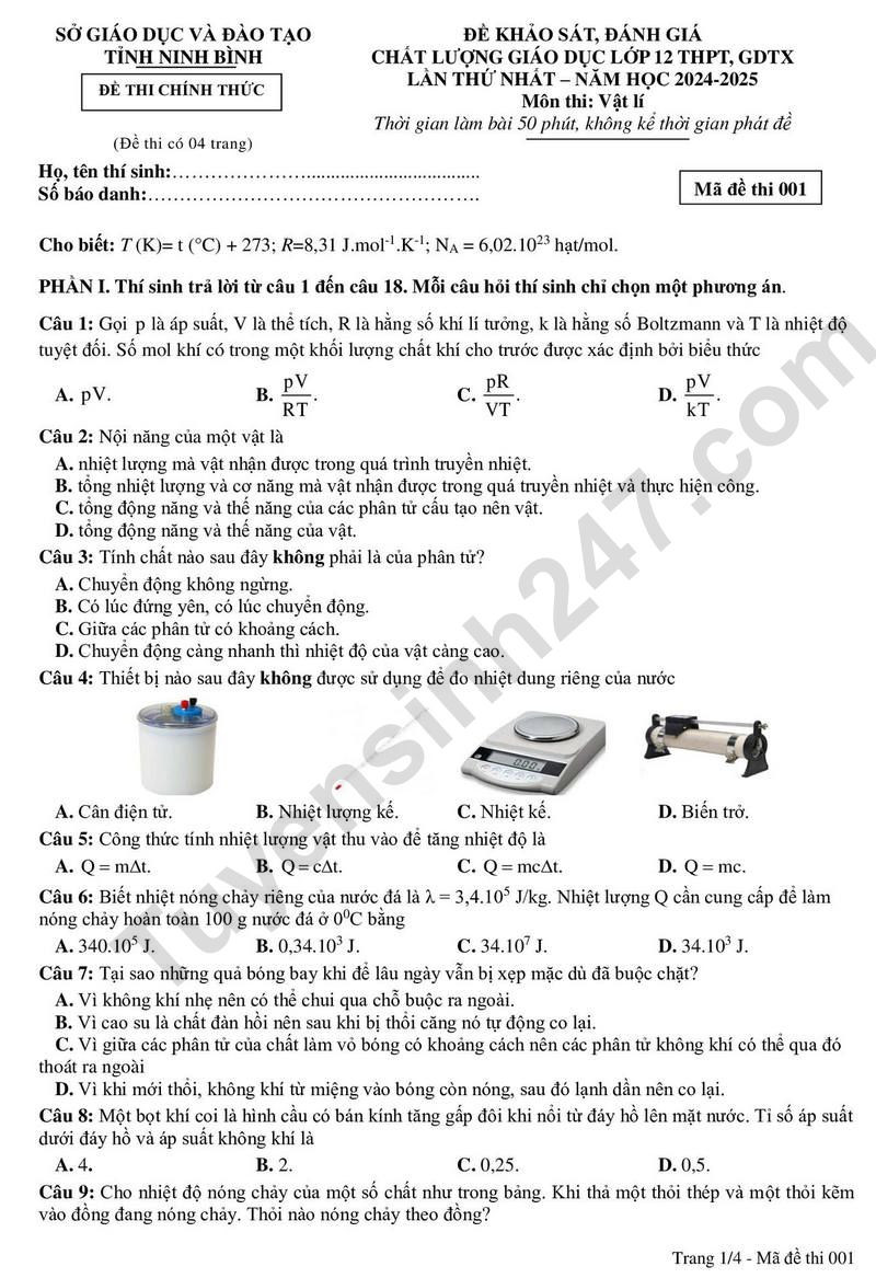 Đề thi thử THPT Quốc gia 2025 môn Vật lí Sở GD&ĐT Ninh Bình có đáp án (ảnh 1)