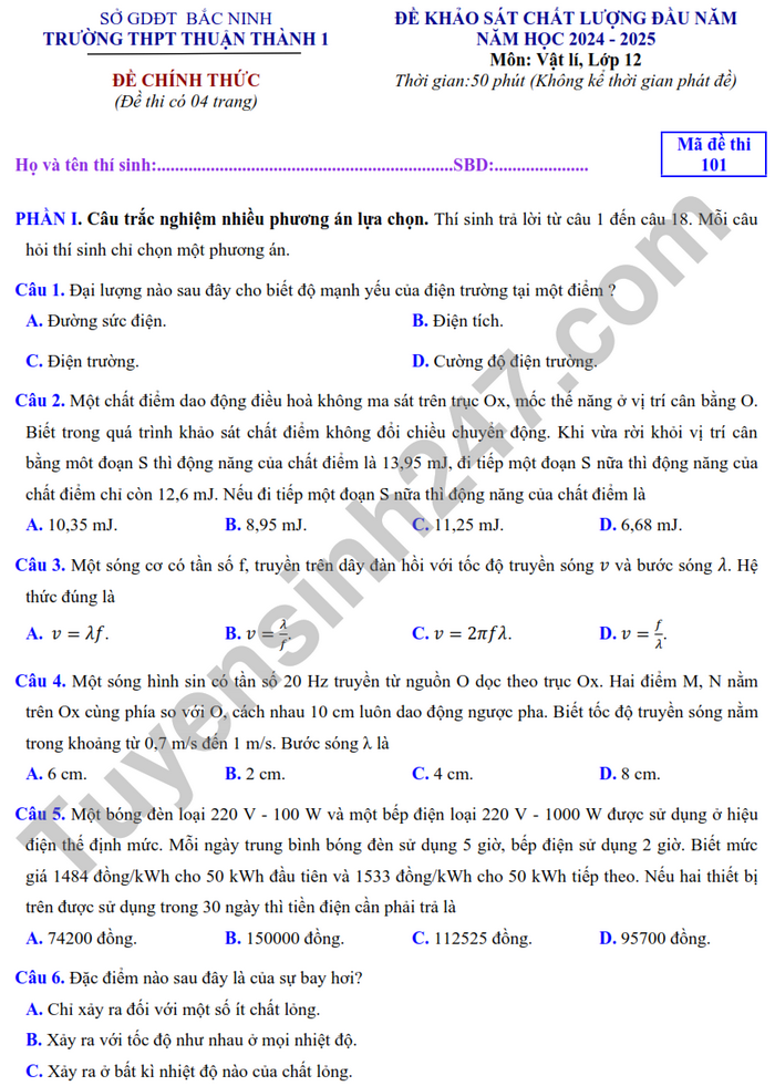 Đề thi thử THPT Quốc gia 2025 môn Vật lí Trường THPT Thuận Thành 1 (Bắc Ninh) có đáp án (ảnh 1)