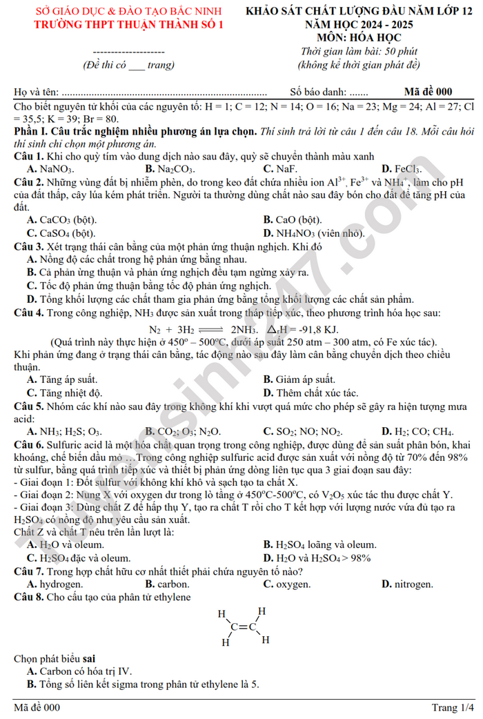 Đề thi thử THPT Quốc gia 2025 môn Hóa học Trường THPT Thuận Thành 1 (Bắc Ninh) có đáp án (ảnh 1)