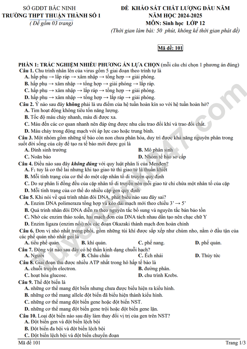 Đề thi thử THPT Quốc gia 2025 môn Sinh học Trường THPT Thuận Thành 1 (Bắc Ninh) có đáp án (ảnh 1)