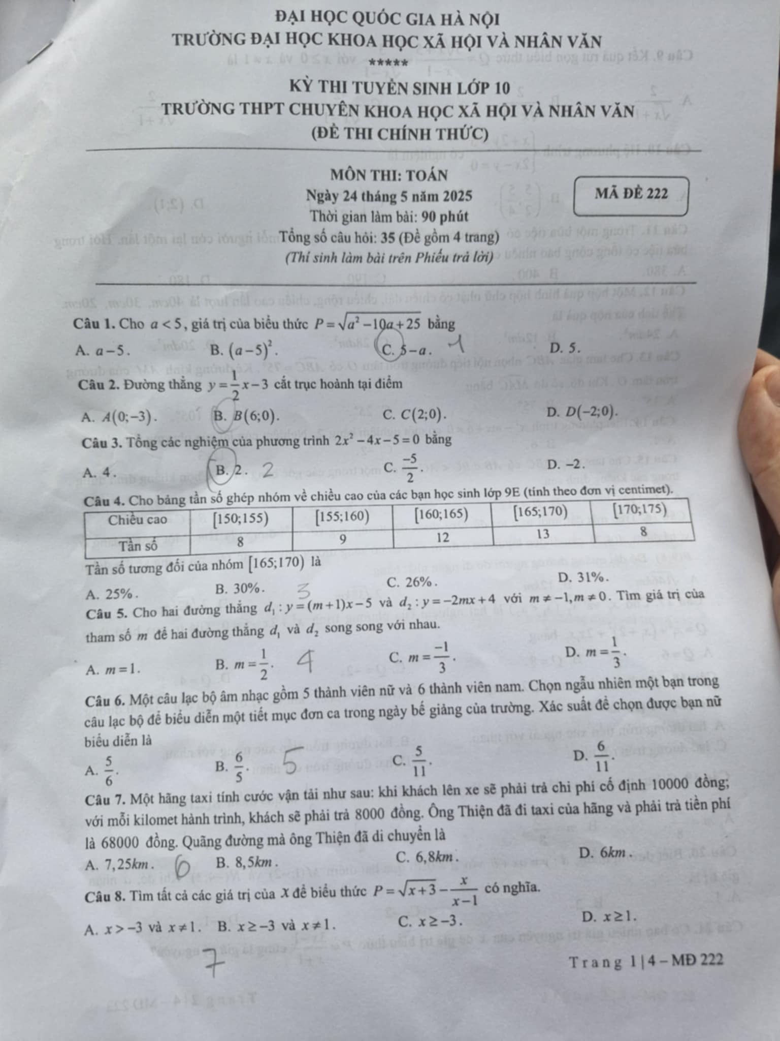 Đề thi vào 10 môn Toán (chung) chính thức THPT Chuyên Khoa học Xã hội và Nhân văn (2025 - 2026) mới nhất kèm đáp án (ảnh 1)