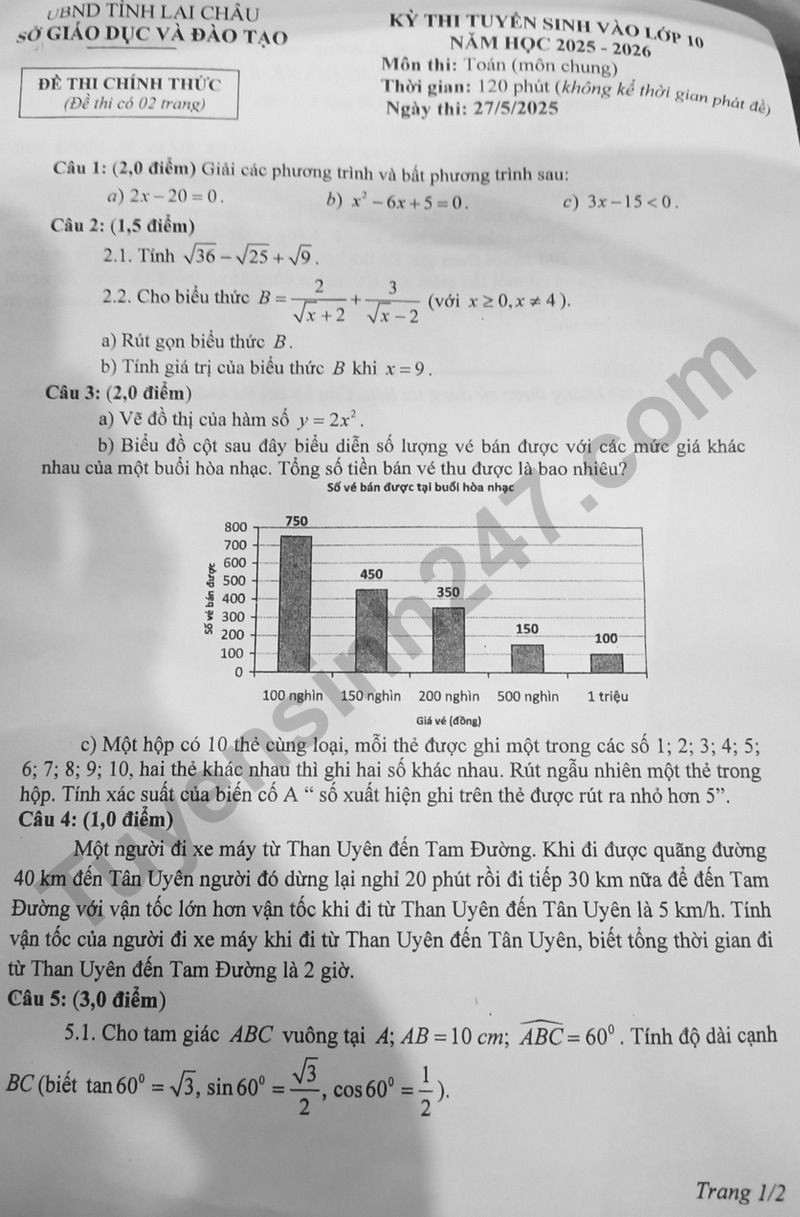 Đề thi vào 10 môn Toán chính thức Tỉnh Lai Châu (2025 - 2026) mới nhất kèm đáp án (ảnh 1)