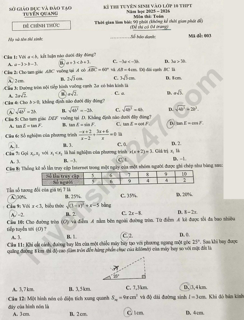 Đề thi v&agrave;o 10 m&ocirc;n To&aacute;n ch&iacute;nh thức Tỉnh Tuy&ecirc;n Quang (2025 - 2026) mới nhất k&egrave;m đ&aacute;p &aacute;n (ảnh 1)