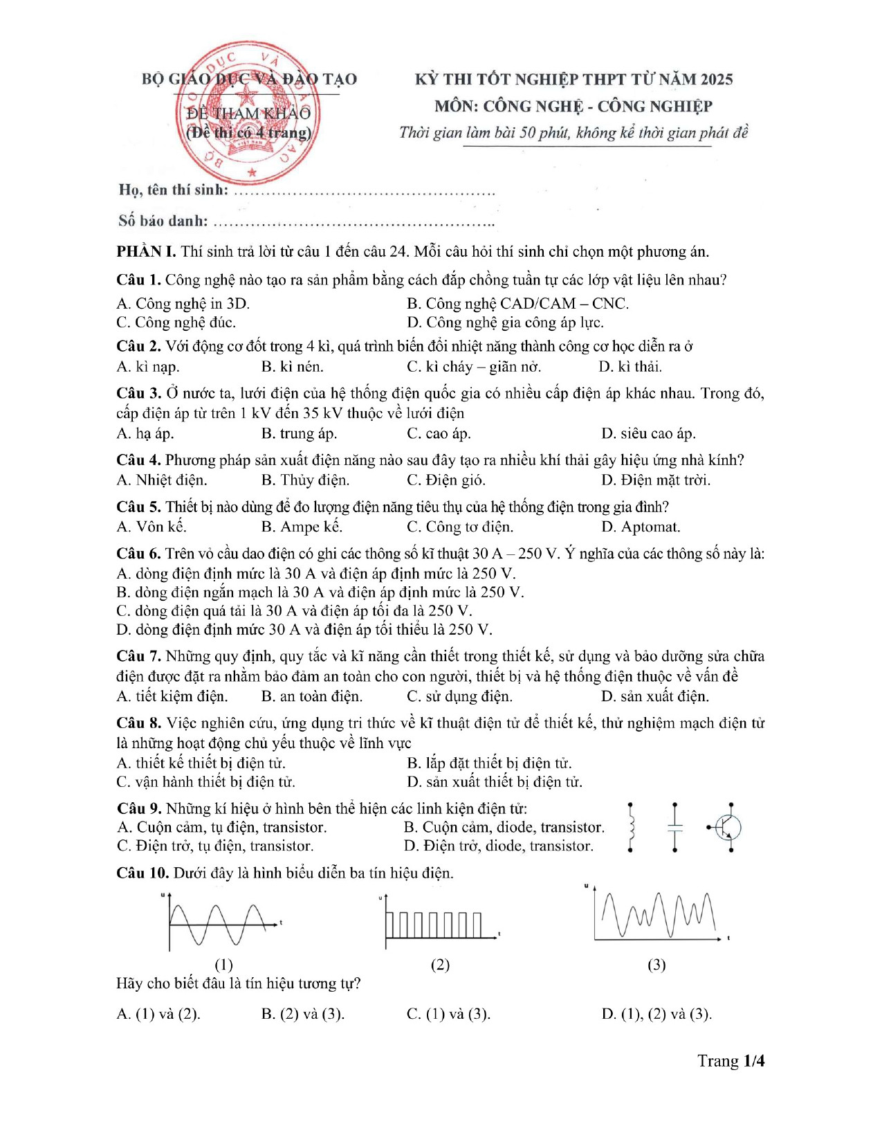 Đề minh họa tốt nghiệp THPT 2025 môn Công nghệ - Công nghiệp (có đáp án) (ảnh 1)