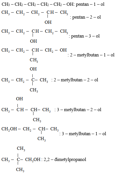 Viết công thức cấu tạo và gọi tên các ancol đồng phân của nhau có công thức phân tử C5H12O (ảnh 1)