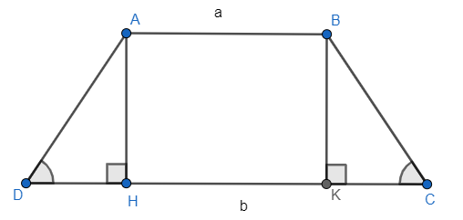 Hình thang ABCD có đáy nhỏ AB = b , đáy lớn CD = a, đường cao AH (ảnh 1)