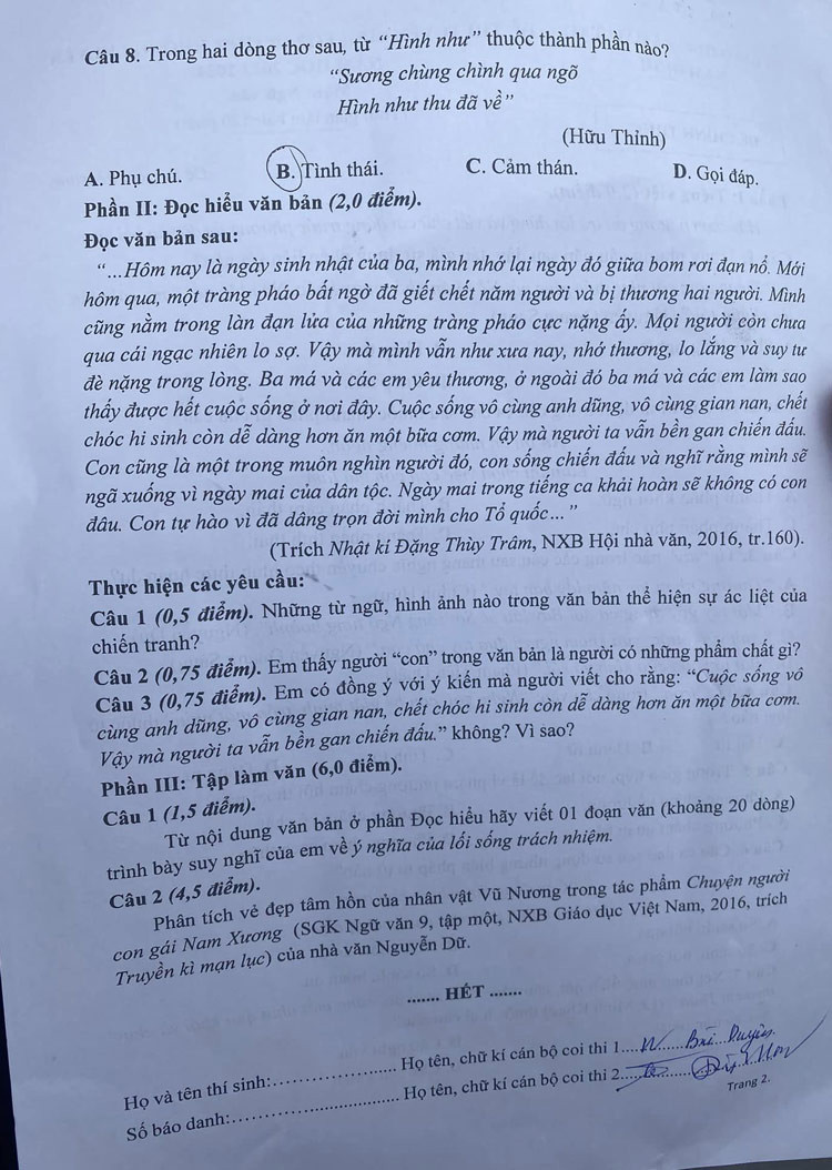 Đề thi vào 10 môn Văn Tỉnh Nam Định (2023 - 2024) mới nhất kèm đáp án (ảnh 1)