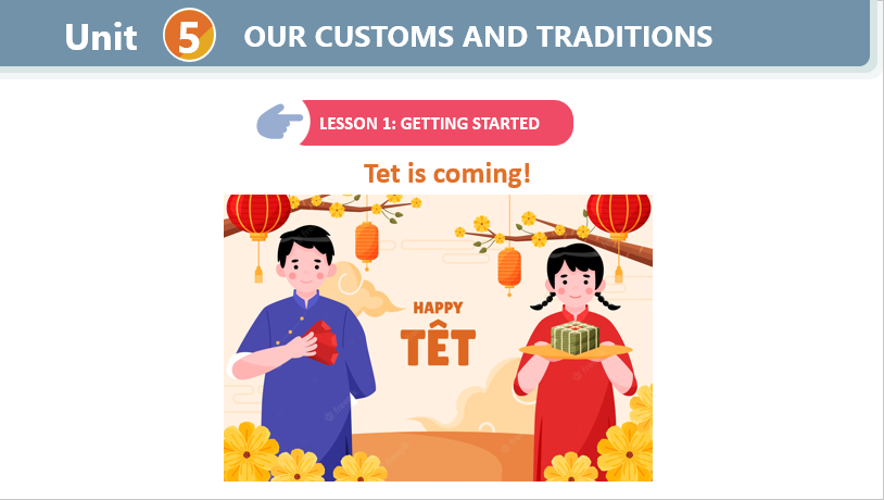 Giáo án điện tử Tiếng Anh 8 (Global success) Unit 5: Our customs and traditions | Bài giảng PPT Tiếng Anh 8 (ảnh 1)