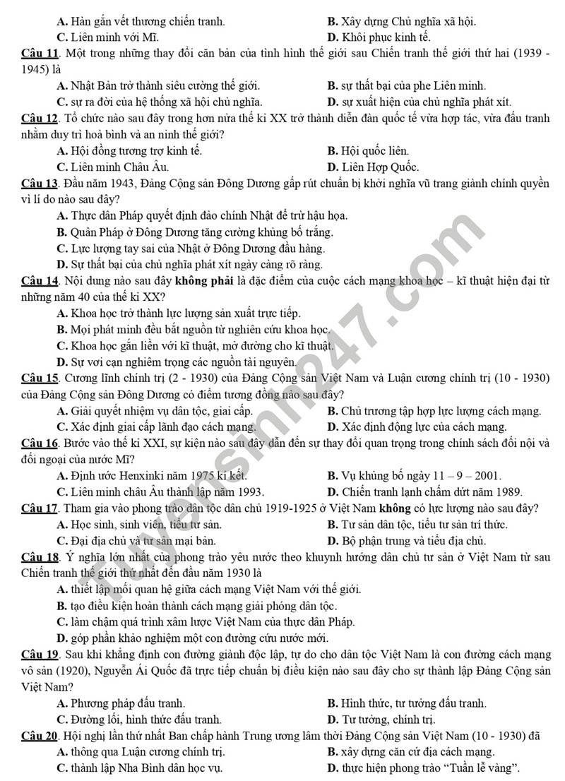 Đề thi thử THPT Quốc gia 2024 môn Lịch sử Liên trường THPT Nghệ An có đáp án (ảnh 1)