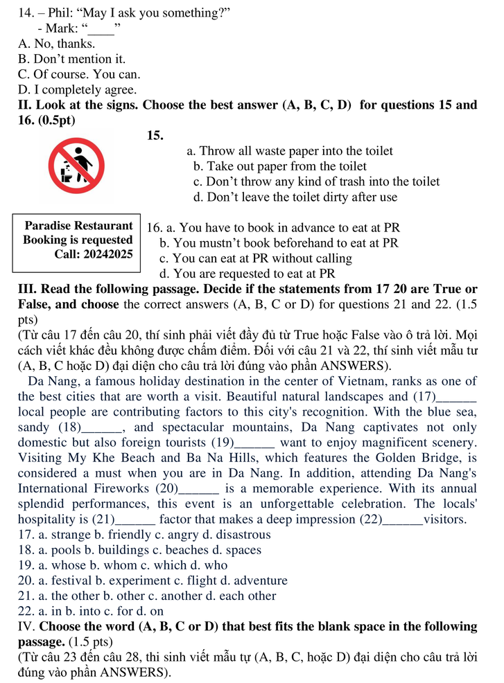 Đề thi vào 10 môn Tiếng Anh chính thức TP Hồ Chí Minh (2024 - 2025) mới nhất kèm đáp án (ảnh 1)
