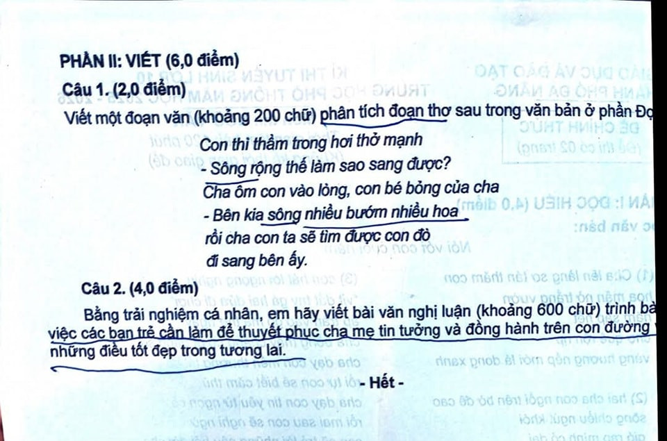 Đề thi vào 10 môn Văn chính thức TP Đà Nẵng (2025 - 2026) mới nhất kèm đáp án (ảnh 1)