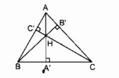 Cho tam giác ABC với ba đường cao AA’, BB’, CC’. Gọi H là trực tâm của tam giác đó (ảnh 1)
