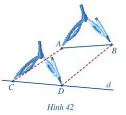 Thực hiện theo các bước sau ( Hình 42): Bước 1. Vẽ đoạn thẳng AB, đường thẳng d và điểm C nằm trên d (ảnh 1)
