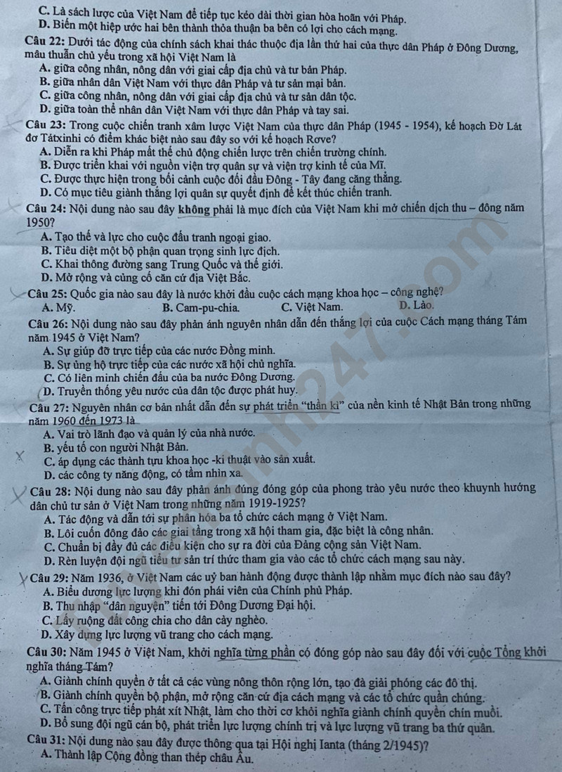 Đề thi thử THPT Quốc gia 2024 môn Lịch sử trường THPT Hoàng Mai 2 (Nghệ An) có đáp án (ảnh 1)