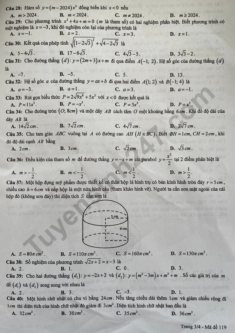 Đề thi vào 10 môn Toán chính thức Tỉnh Hưng Yên (2024 - 2025) mới nhất kèm đáp án (ảnh 1)