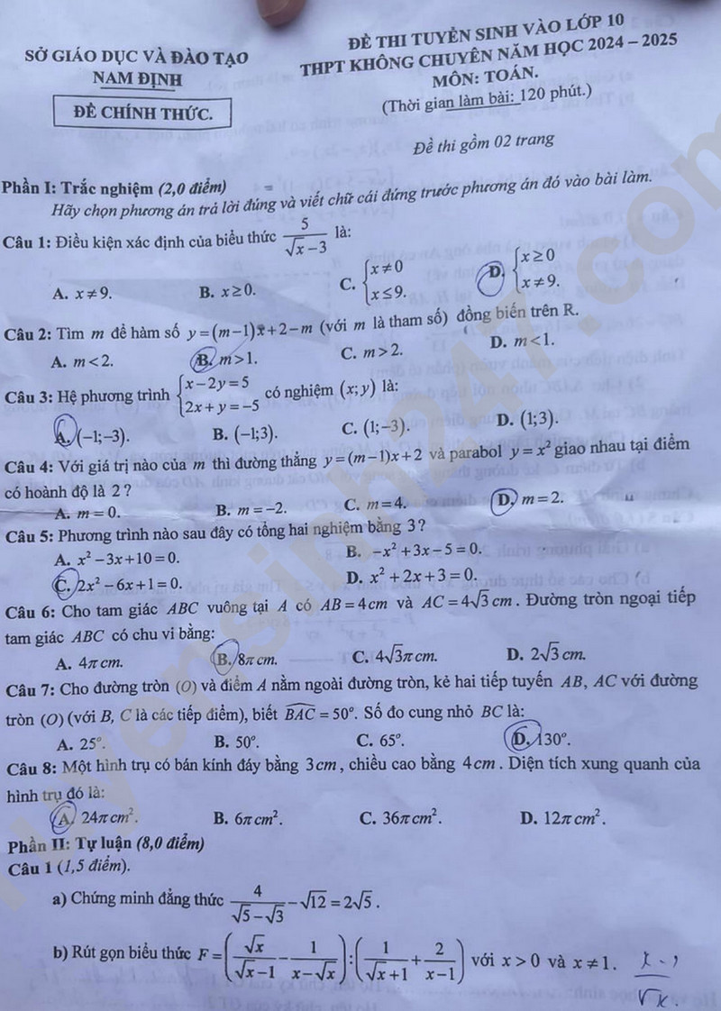 Đề thi vào 10 môn Toán chính thức Tỉnh Nam Định (2024 - 2025) mới nhất kèm đáp án (ảnh 1)