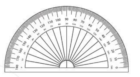 Hãy quan sát thước đo góc. Thước đo góc có dạng nửa hình tròn và được chia đều thành 180 phần bằng nhau (ảnh 1)