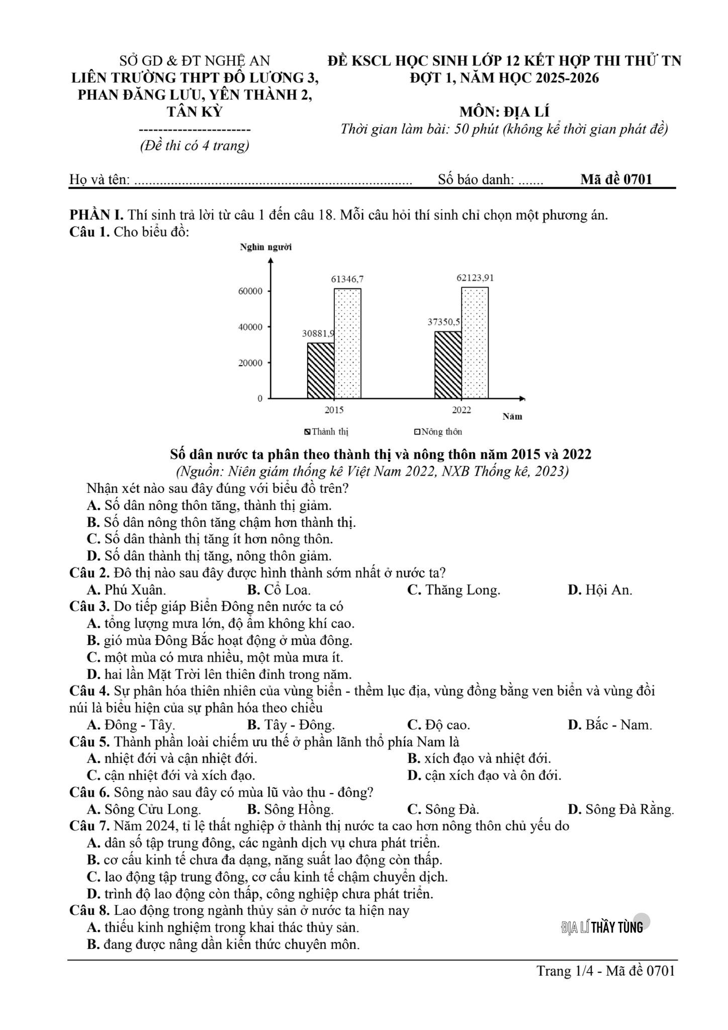 Đề thi thử THPT Quốc gia 2026 môn Địa lí liên trường THPT (Nghệ An) có đáp án (ảnh 1)