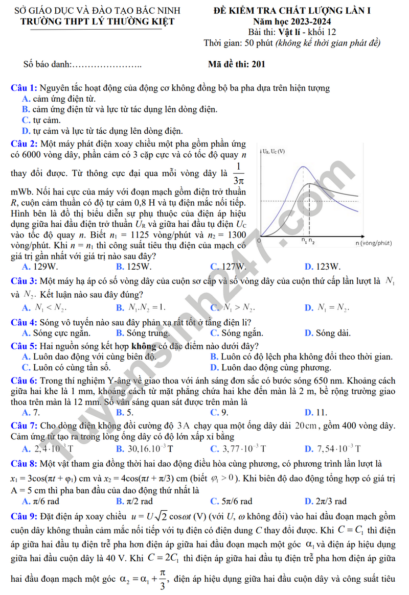 Đề thi thử THPT Quốc gia 2024 môn Vật lí - THPT Lý Thường Kiệt (Bắc Ninh) có đáp án (ảnh 1)