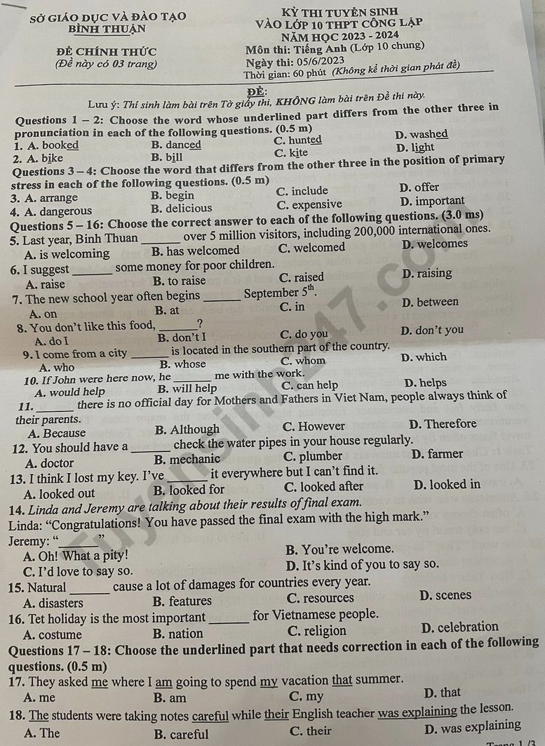 Đề thi vào 10 môn Tiếng Anh Tỉnh Bình Phước (2023 - 2024) mới nhất kèm đáp án (ảnh 1)
