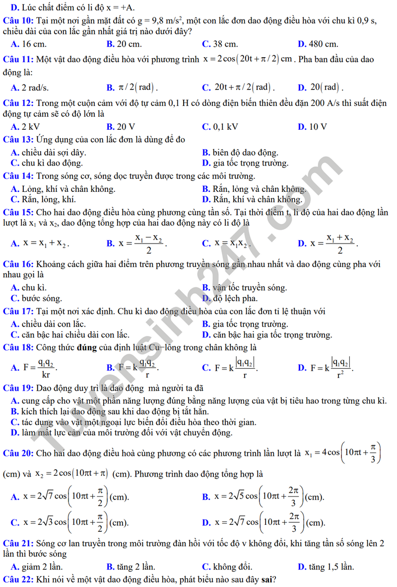 Đề thi thử THPT Quốc gia 2024 môn Vật lí - THPT Đội Cấn (Vĩnh Phúc) có đáp án (ảnh 1)
