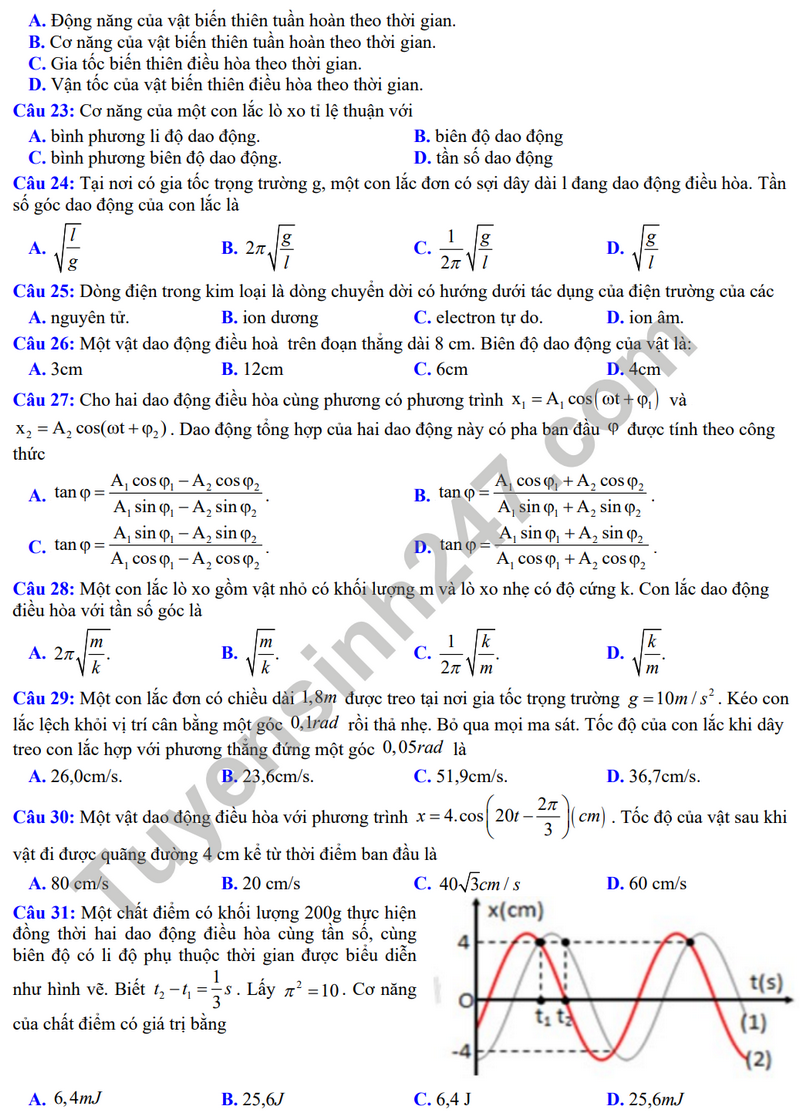 Đề thi thử THPT Quốc gia 2024 môn Vật lí - THPT Đội Cấn (Vĩnh Phúc) có đáp án (ảnh 1)