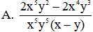 Với x ≠ y, hãy viết phân thức  2 xy 3  dưới dạng phân thức có mẫu là (ảnh 1)
