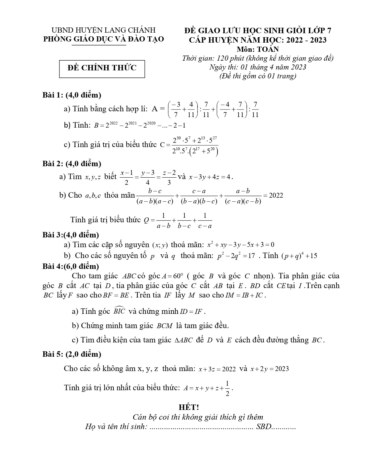 Đề thi HSG Toán 7 năm 2023 Phòng GD&ĐT Lang Chánh - Thanh Hóa (có đáp án) (ảnh 1)