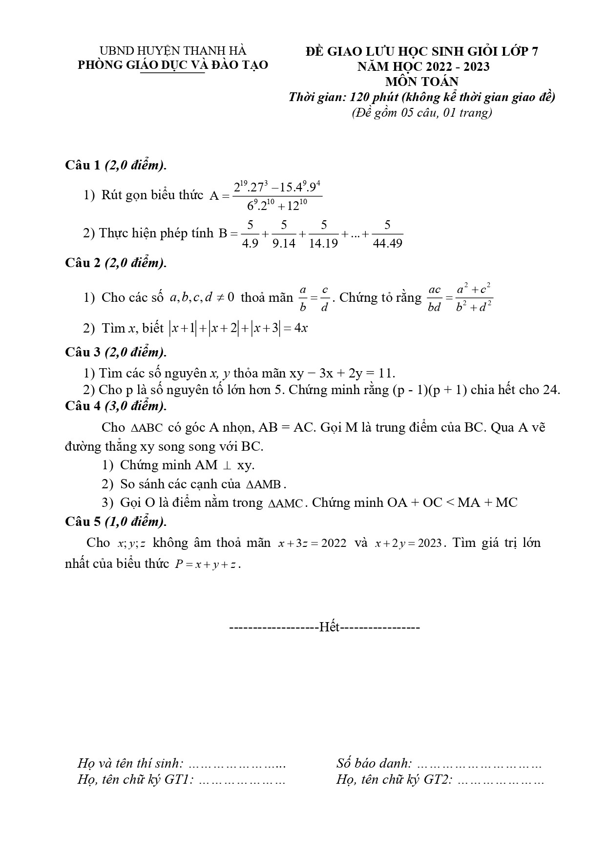 Đề thi HSG Toán 7 năm 2023 Phòng GD&ĐT Thanh Hà - Hải Dương (có đáp án)  (ảnh 1)