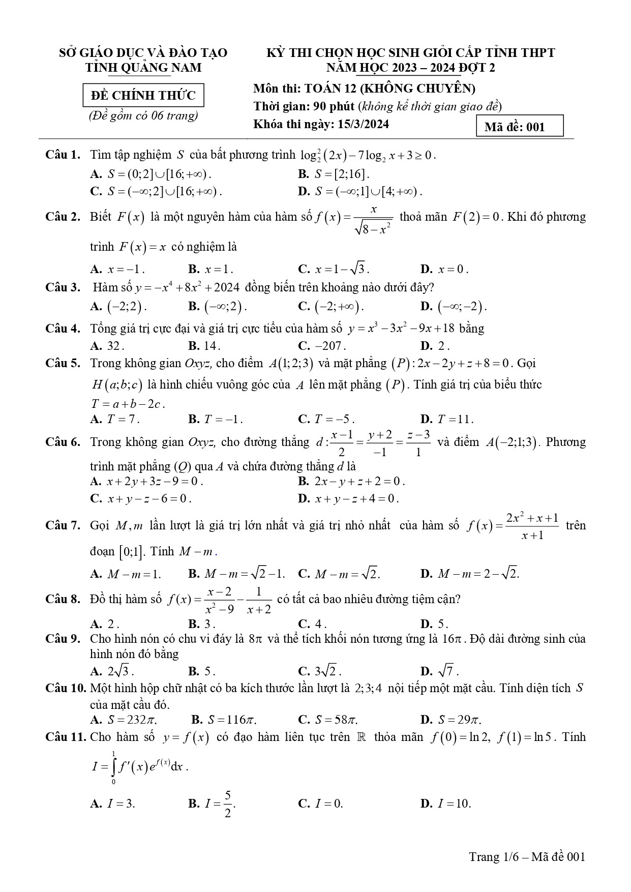 Đề thi HSG Toán 12 năm 2024 Sở GD&ĐT Quảng Nam (có đáp án)  (ảnh 1)