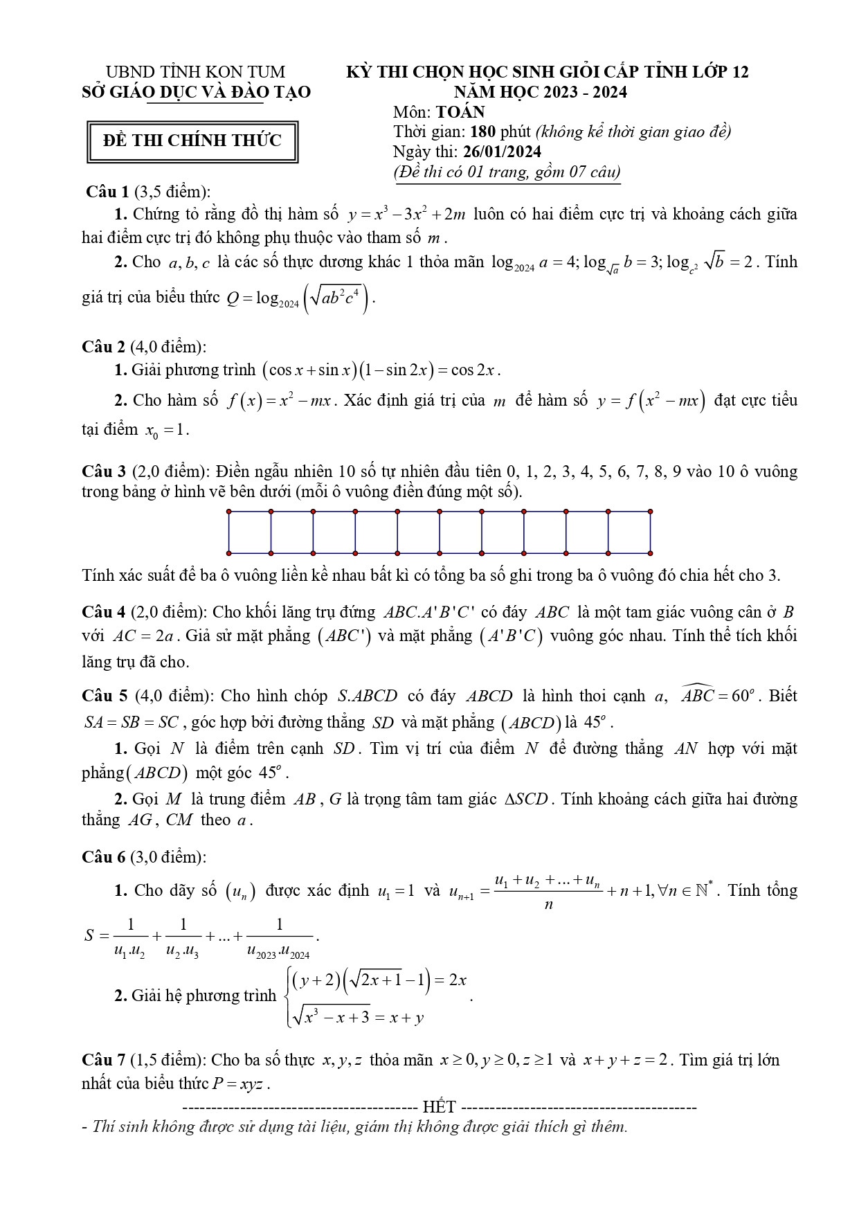 Đề thi HSG Toán 12 năm 2024 Sở GD&ĐT Kon Tum (có đáp án) (ảnh 1)