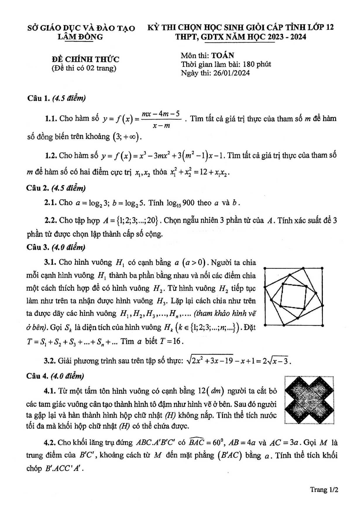 Đề thi HSG Toán 12 năm 2024 Sở GD&ĐT Lâm Đồng (có đáp án)  (ảnh 1)