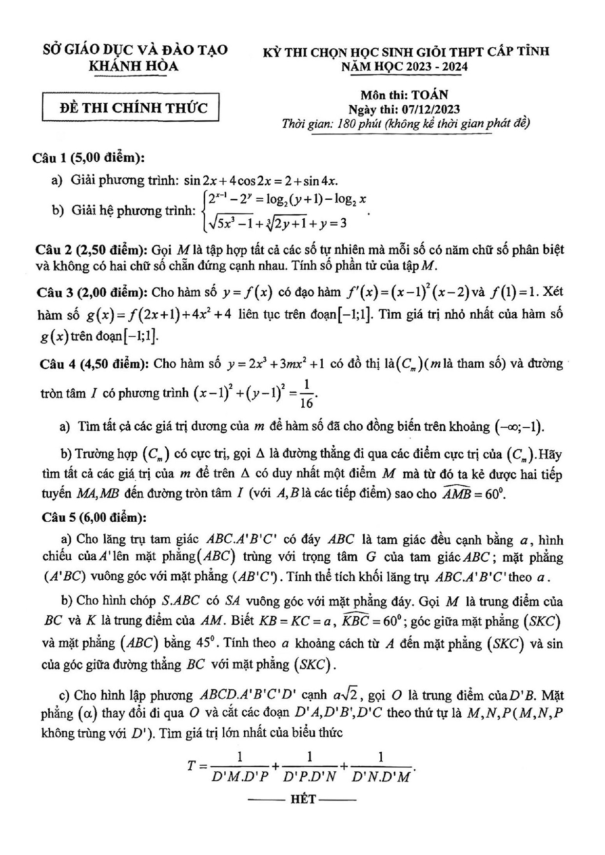 Đề thi HSG Toán 12 năm 2024 Sở GD&ĐT Khánh Hòa (có đáp án)  (ảnh 1)