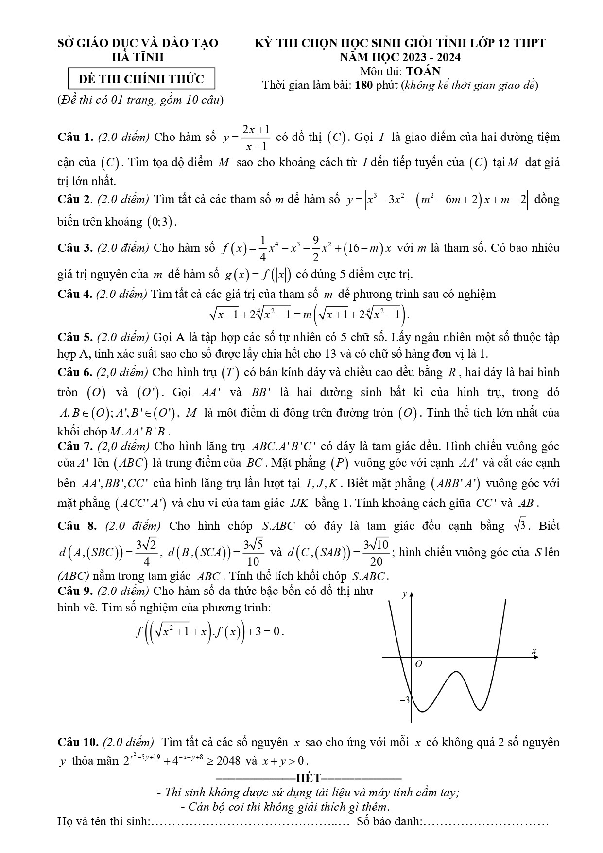 Đề thi HSG Toán 12 năm 2024 Sở GD&ĐT Hà Tĩnh (có đáp án) (ảnh 1)