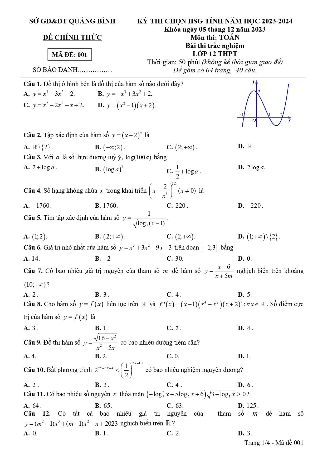 Đề thi HSG Toán 12 năm 2024 Sở GD&ĐT Quảng Bình (có đáp án)  (ảnh 1)