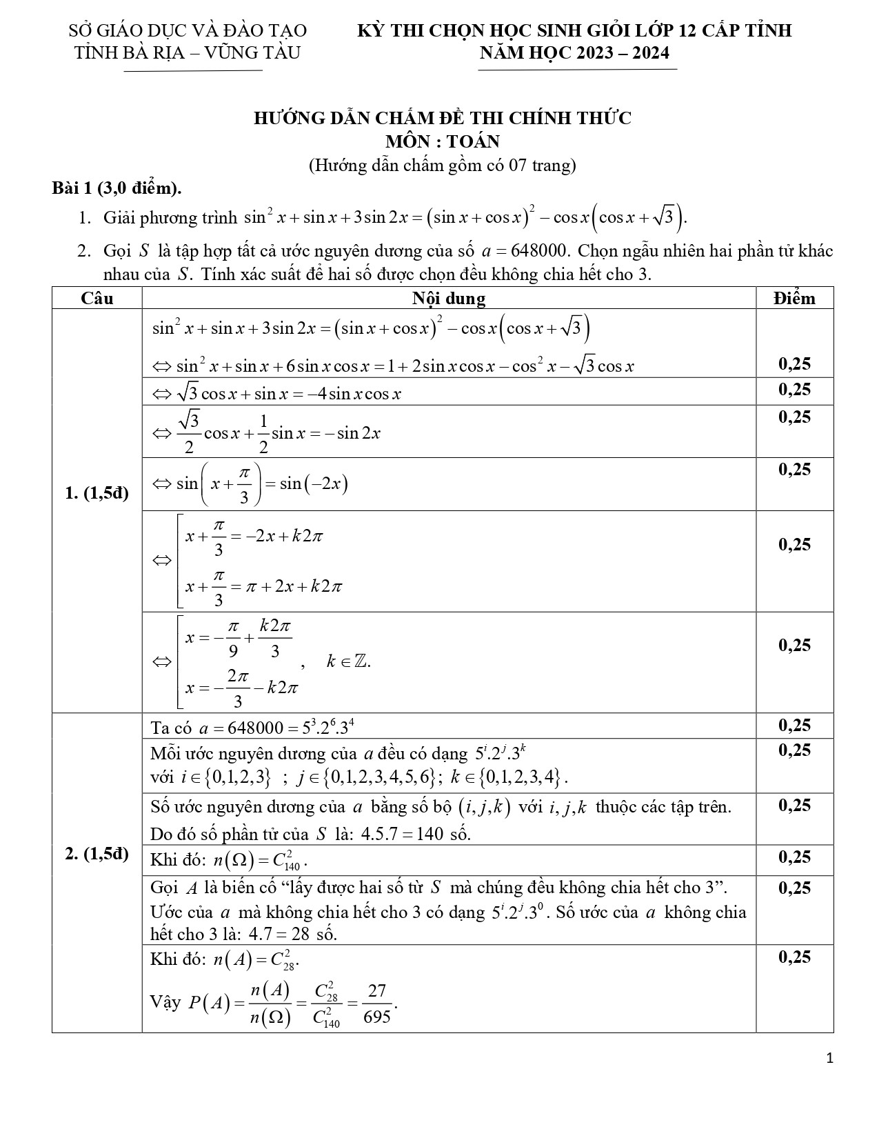 Đề thi HSG Toán 12 năm 2024 Sở GD&ĐT Bà Rịa - Vũng Tàu (có đáp án)  (ảnh 1)