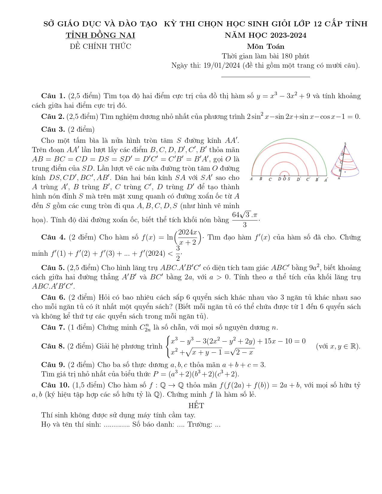 Đề thi HSG Toán 12 năm 2024 Sở GD&ĐT Đồng Nai (có đáp án)  (ảnh 1)