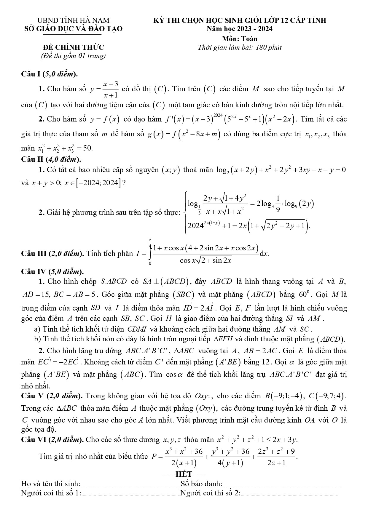 Đề thi HSG Toán 12 năm 2024 Sở GD&ĐT Hà Nam (có đáp án)  (ảnh 1)