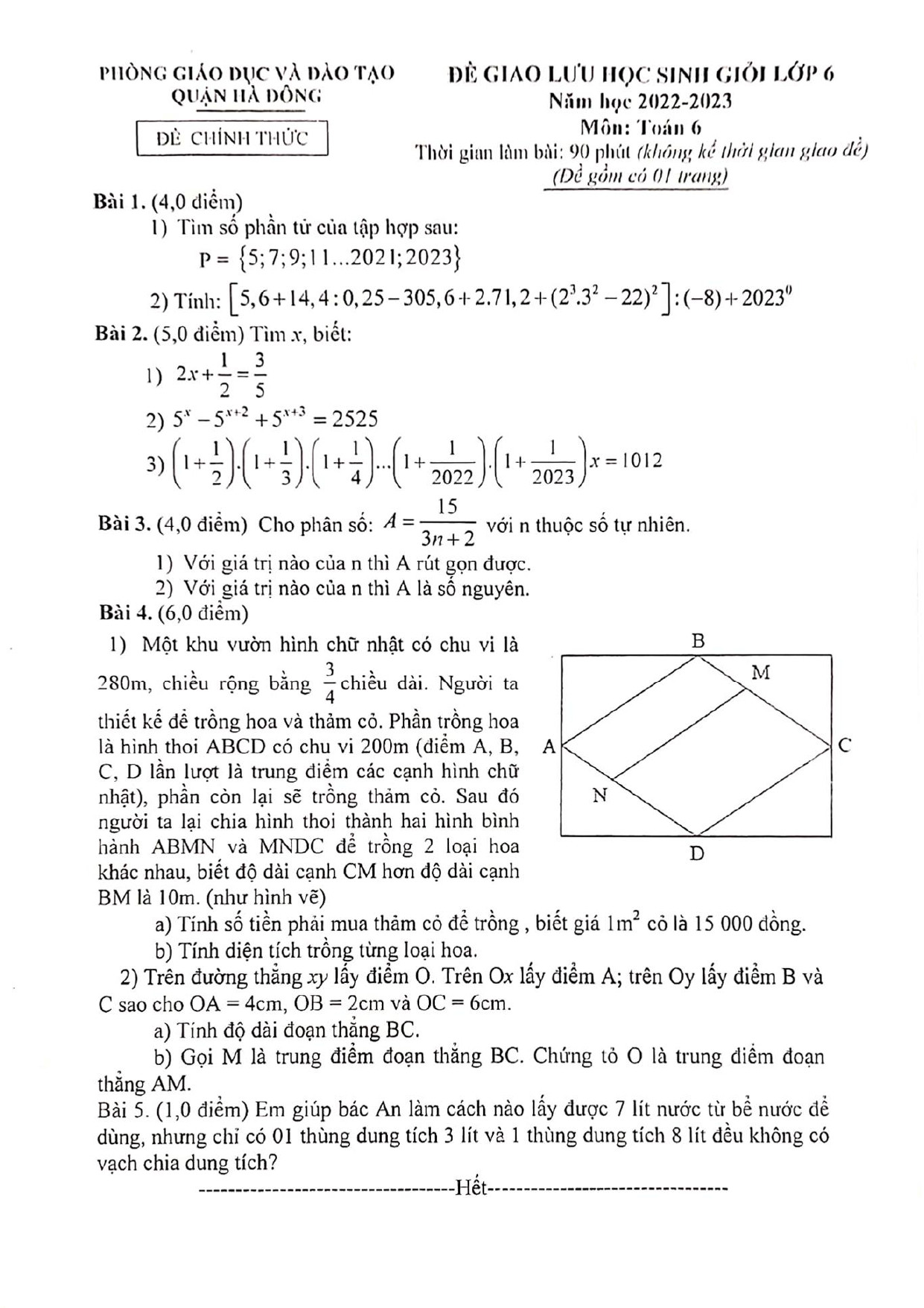 Đề thi HSG Toán 6 năm 2023 Phòng GD&ĐT Hà Đông - Hà Nội (có đáp án)  (ảnh 1)