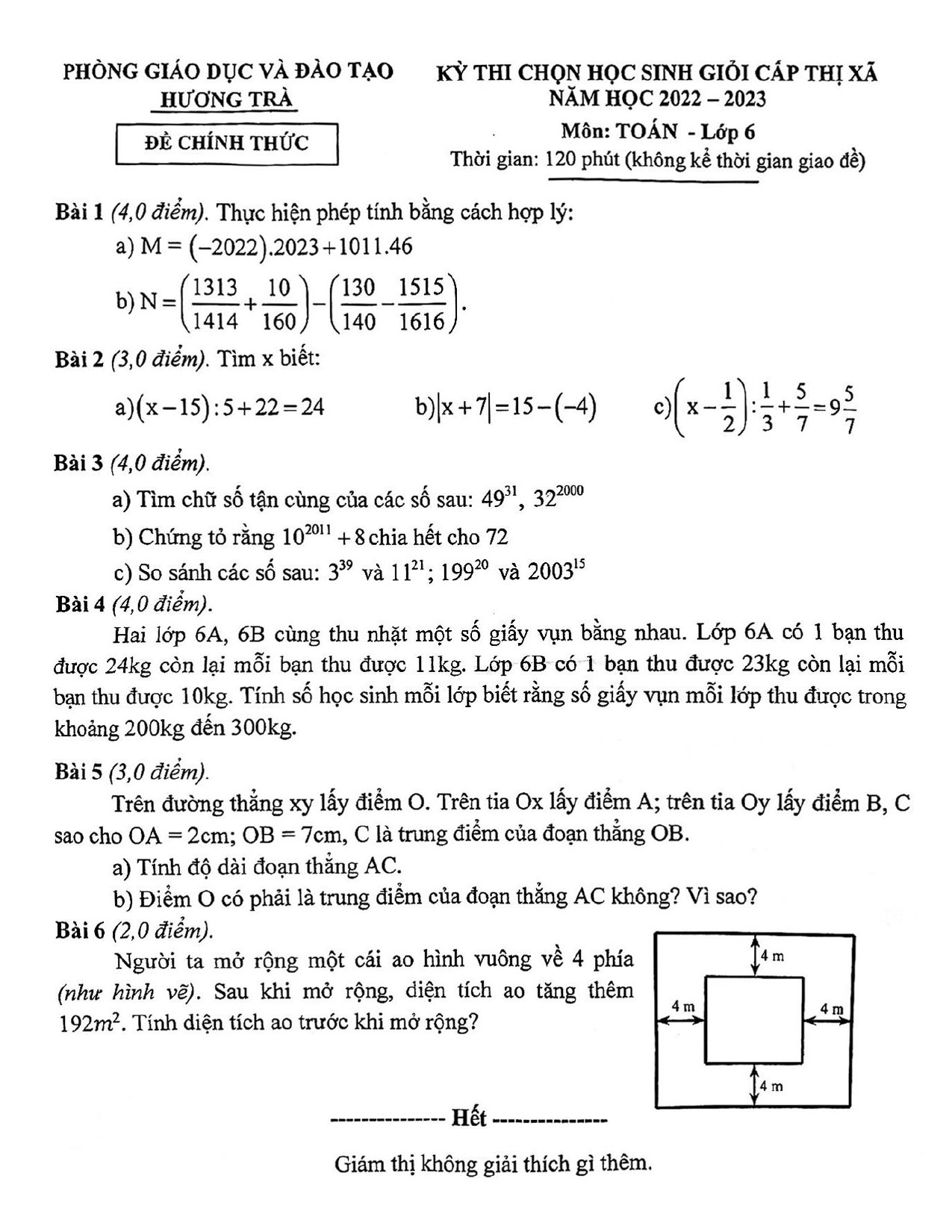 Đề thi HSG Toán 6 năm 2023 Phòng GD&ĐT Hương Trà - TT Huế (có đáp án)  (ảnh 1)
