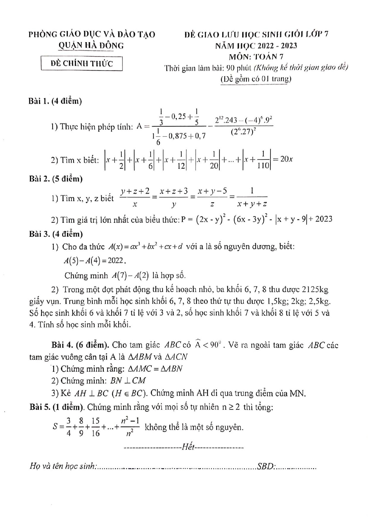 Đề thi HSG Toán 7 năm 2023 Phòng GD&ĐT Hà Đông - Hà Nội (có đáp án) (ảnh 1)