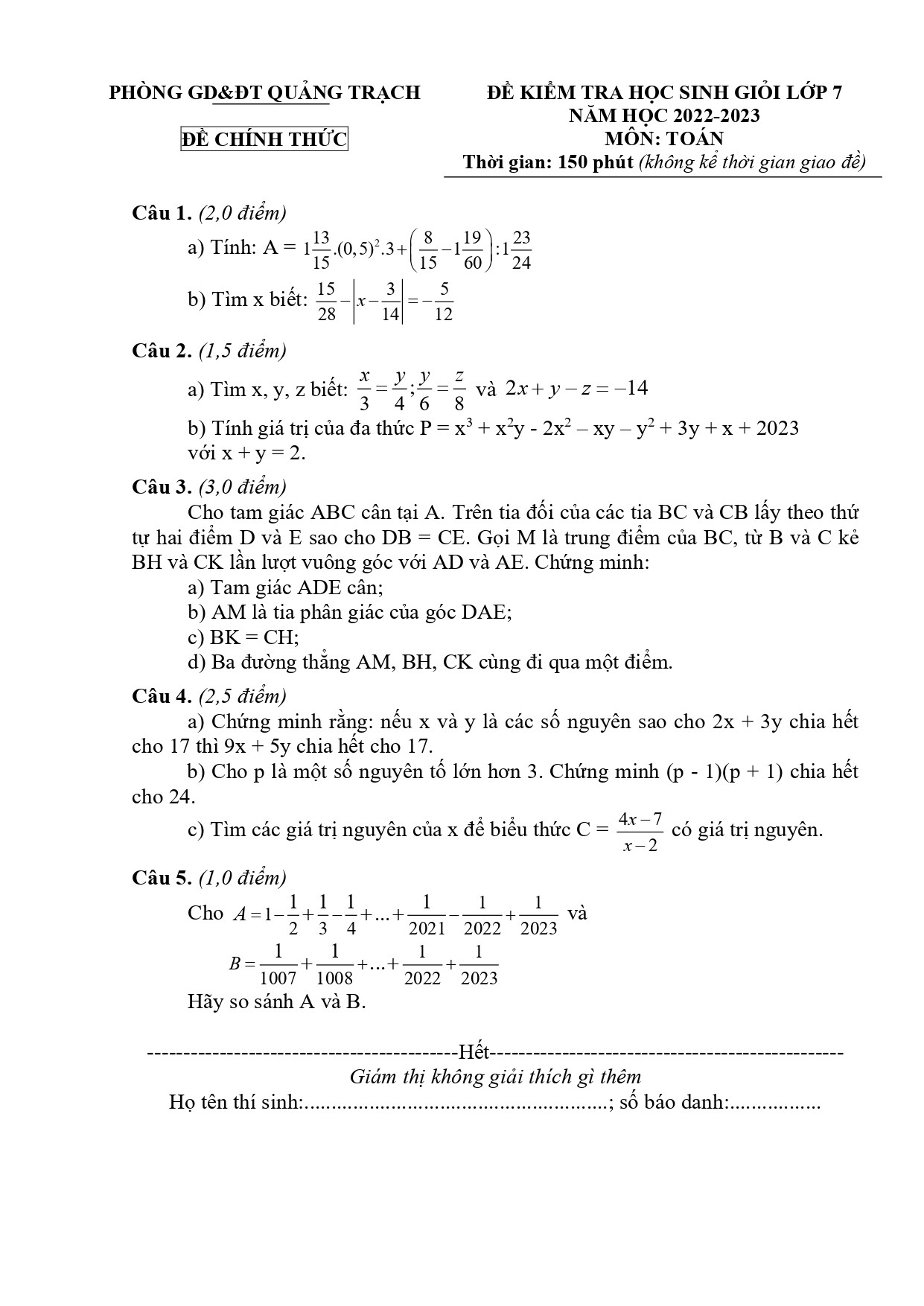 Đề thi HSG Toán 7 năm 2023 Phòng GD&ĐT Quảng Trạch - Quảng Bình (có đáp án) (ảnh 1)